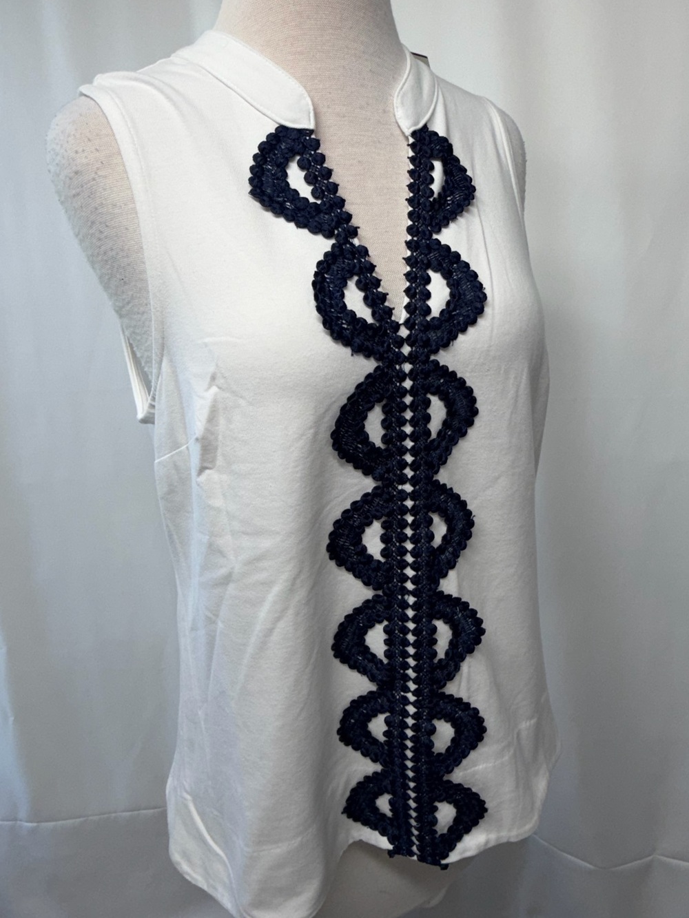 crown & ivy White Sleeveless Tank with Navy Crochet Center Trim